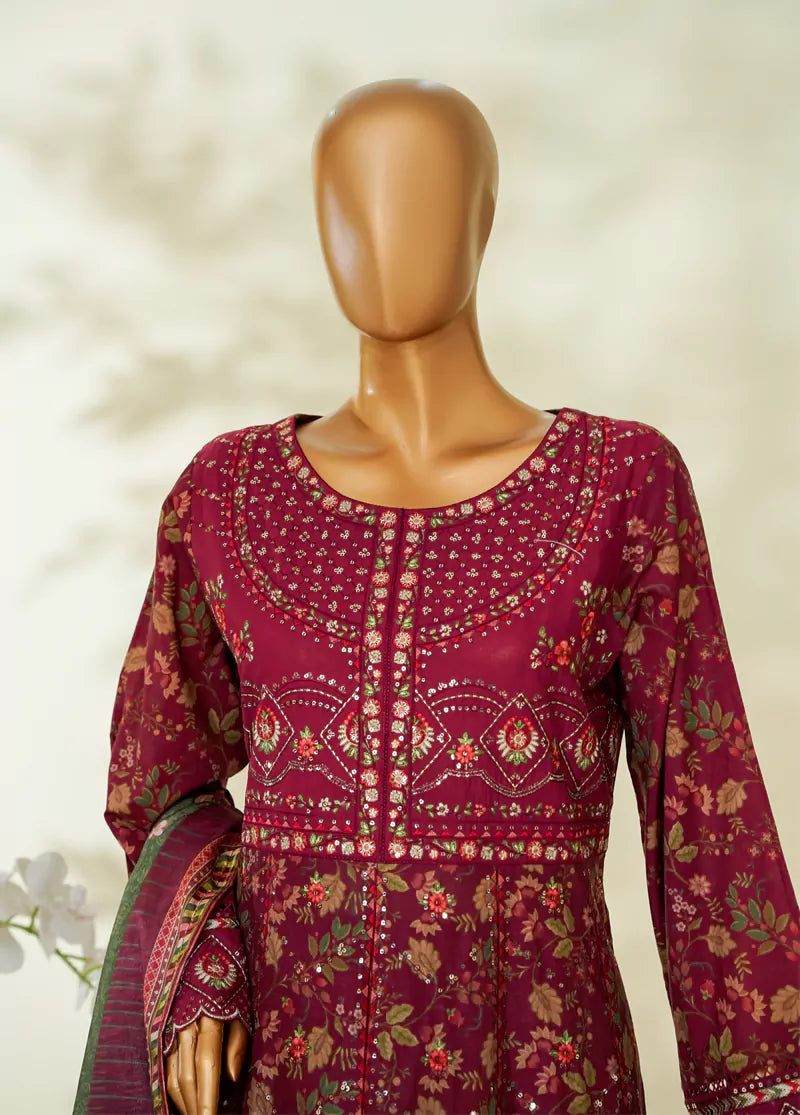 3 Piece Maroon Color Embroidered Lawn Frock withTrouser & Dupatta