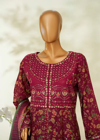 3 Piece Maroon Color Embroidered Lawn Frock withTrouser & Dupatta