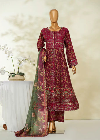 3 Piece Maroon Color Embroidered Lawn Frock withTrouser & Dupatta