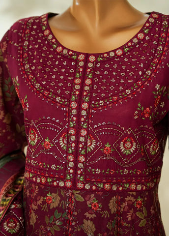 3 Piece Maroon Color Embroidered Lawn Frock withTrouser & Dupatta