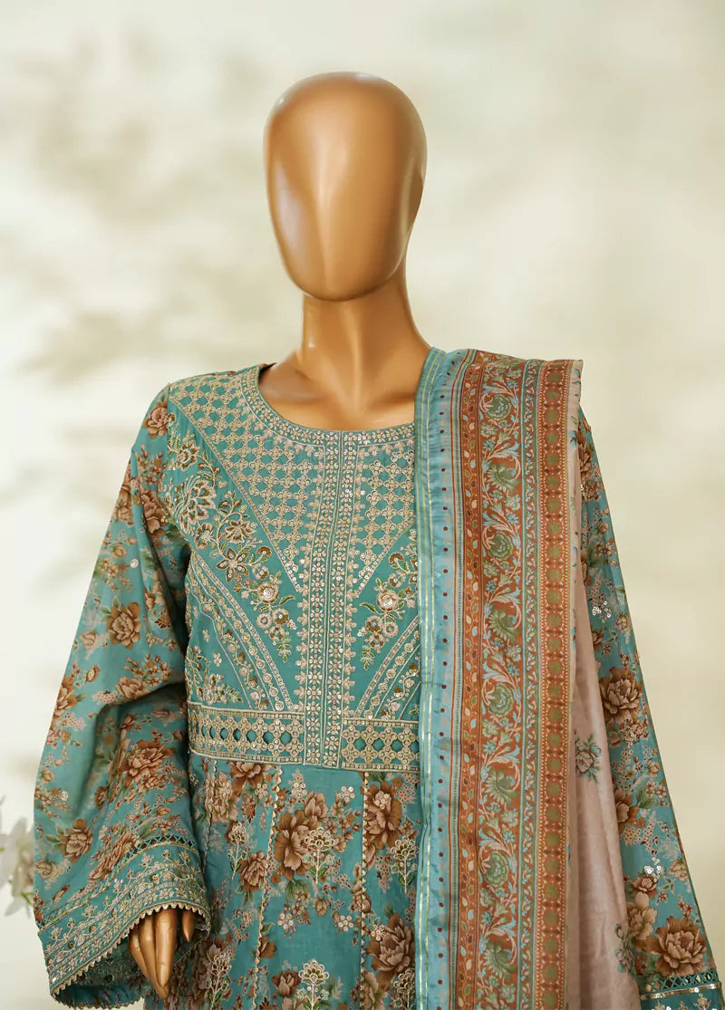 3 Piece Turquoise Color Embroidered Lawn Frock withTrouser & Dupatta