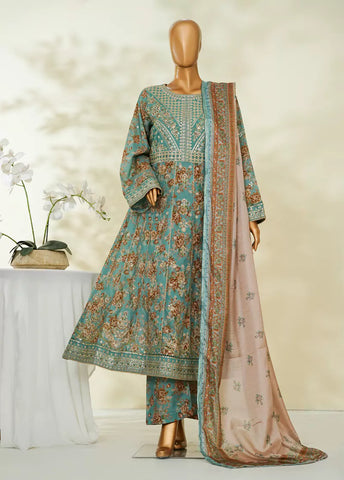 3 Piece Turquoise Color Embroidered Lawn Frock withTrouser & Dupatta