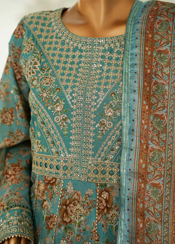 3 Piece Turquoise Color Embroidered Lawn Frock withTrouser & Dupatta
