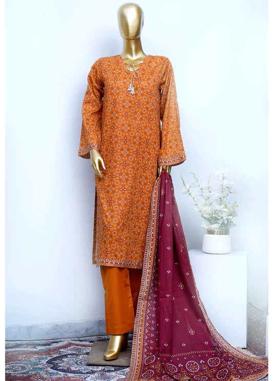 3 Piece Printed Stitched Orange Color Cotton Shirt with Trouser & Dupatta