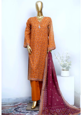 3 Piece Printed Stitched Orange Color Cotton Shirt with Trouser & Dupatta