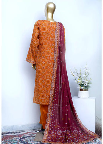 3 Piece Printed Stitched Orange Color Cotton Shirt with Trouser & Dupatta