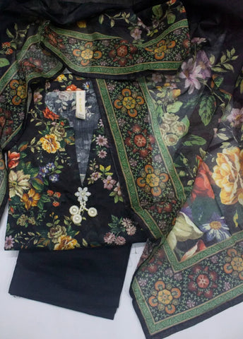 3 Piece Printed Stitched Black Color Cotton Shirt with Trouser & Dupatta