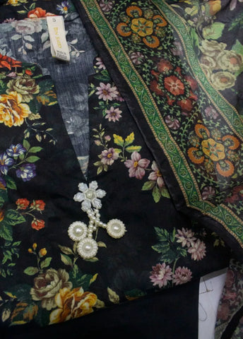 3 Piece Printed Stitched Black Color Cotton Shirt with Trouser & Dupatta