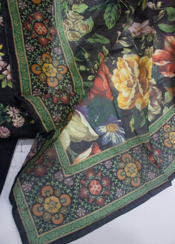 3 Piece Printed Stitched Black Color Cotton Shirt with Trouser & Dupatta