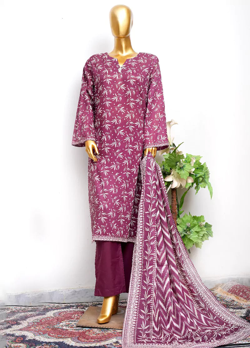 3 Piece Printed Stitched Margenta Color Lawn Shirt with Trouser & Dupatta