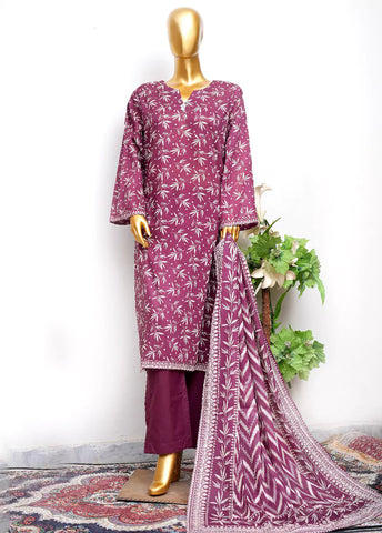 3 Piece Printed Stitched Margenta Color Lawn Shirt with Trouser & Dupatta