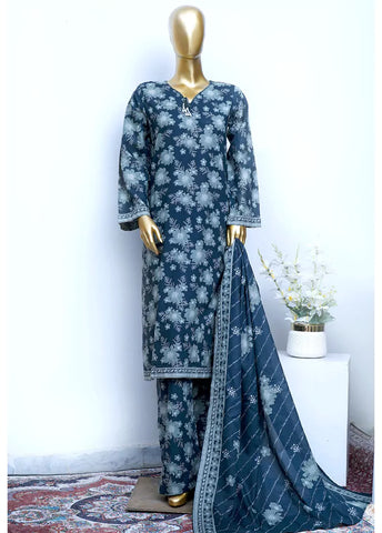 3 Piece Printed Stitched Navy Blue Color Cotton Shirt with Trouser & Dupatta