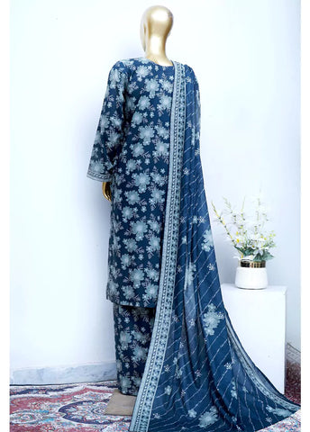 3 Piece Printed Stitched Navy Blue Color Cotton Shirt with Trouser & Dupatta