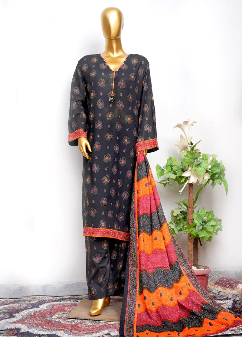 3 Piece Printed Stitched Black Color Lawn Shirt with Trouser & Dupatta