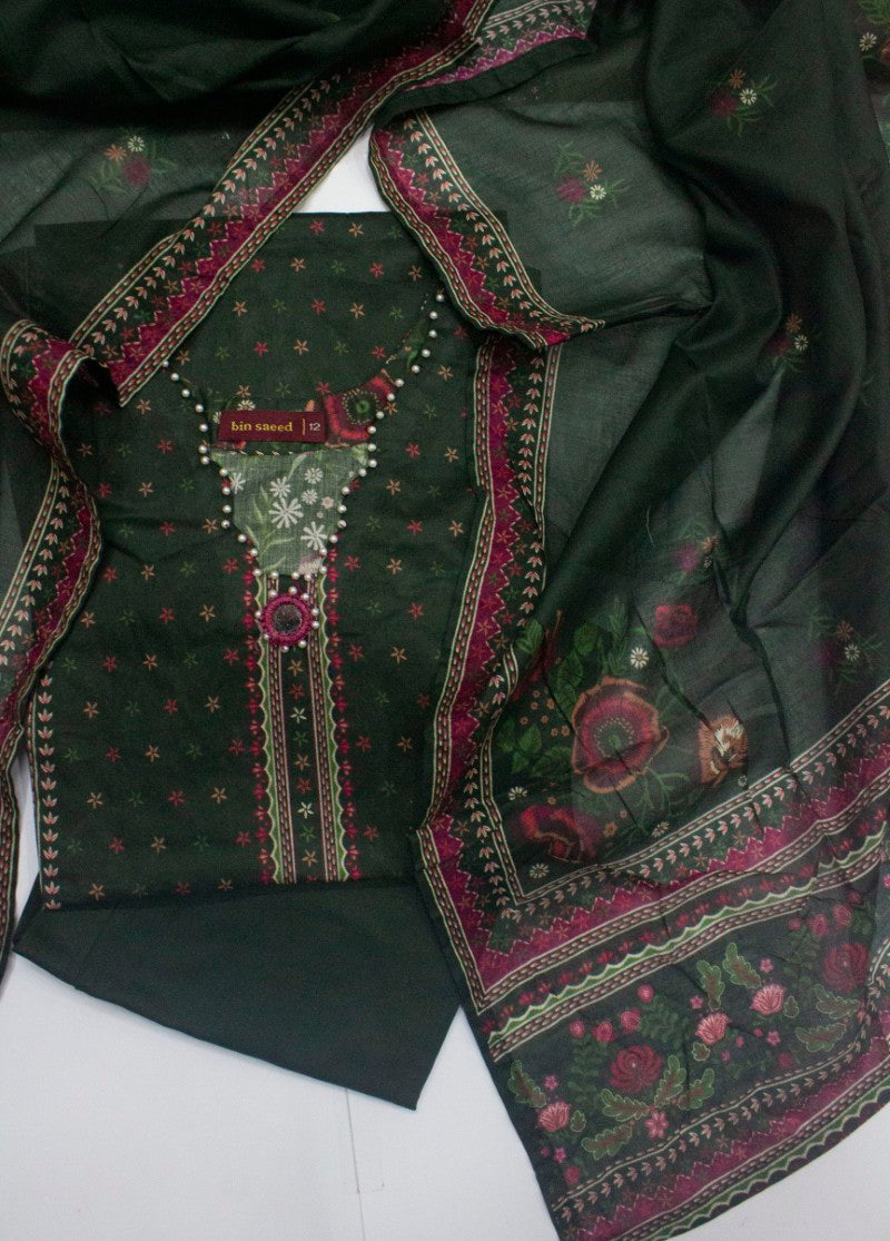 3 Piece Printed Stitched Bottle Green Color Lawn Shirt with Trouser & Dupatta