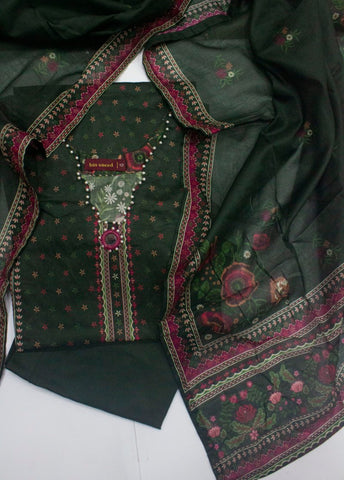 3 Piece Printed Stitched Bottle Green Color Lawn Shirt with Trouser & Dupatta