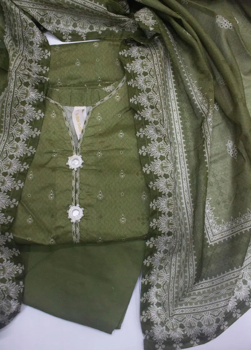 3 Piece Printed Stitched Olive Green Color Cotton Shirt with Trouser & Dupatta