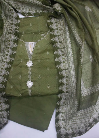 3 Piece Printed Stitched Olive Green Color Cotton Shirt with Trouser & Dupatta
