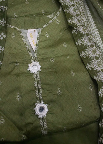 3 Piece Printed Stitched Olive Green Color Cotton Shirt with Trouser & Dupatta