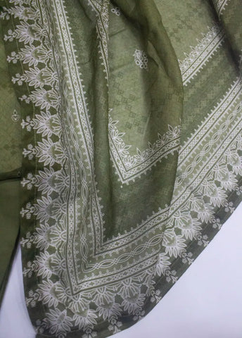 3 Piece Printed Stitched Olive Green Color Cotton Shirt with Trouser & Dupatta
