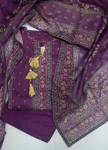 3 Piece Printed Stitched Margenta Color Cotton Shirt with Trouser & Dupatta