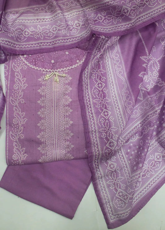 3 Piece Printed Stitched Lilac Color Cotton Shirt with Trouser & Dupatta