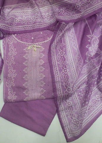 3 Piece Printed Stitched Lilac Color Cotton Shirt with Trouser & Dupatta