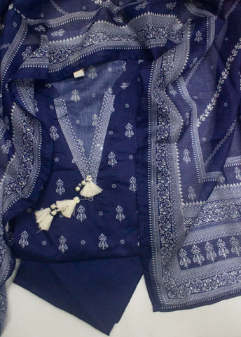 3 Piece Printed Stitched Navy Blue Color Lawn Shirt with Trouser & Dupatta