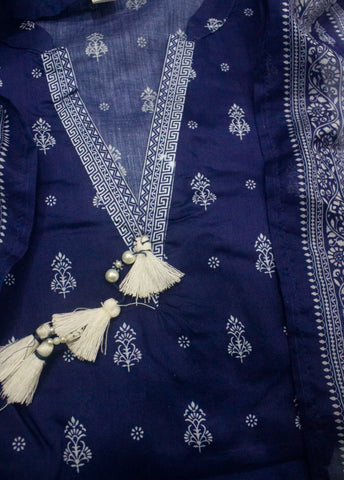 3 Piece Printed Stitched Navy Blue Color Lawn Shirt with Trouser & Dupatta