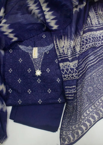 3 Piece Printed Stitched Ink Blue Color Cotton Shirt with Trouser & Dupatta