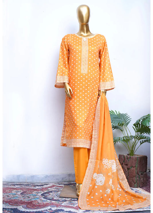 3 Piece Printed Stitched Merigold Orange Color Cotton Shirt with Trouser & Dupatta
