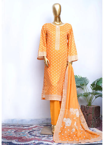 3 Piece Printed Stitched Merigold Orange Color Cotton Shirt with Trouser & Dupatta