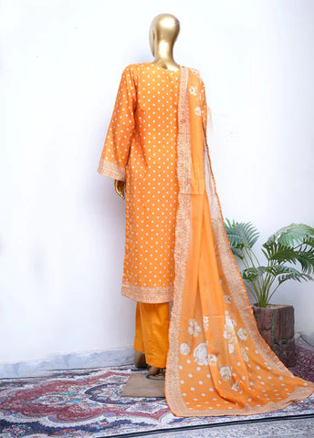3 Piece Printed Stitched Merigold Orange Color Cotton Shirt with Trouser & Dupatta