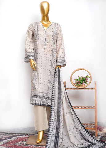 3 Piece Printed Stitched Ivory Color Lawn Shirt with Trouser & Dupatta