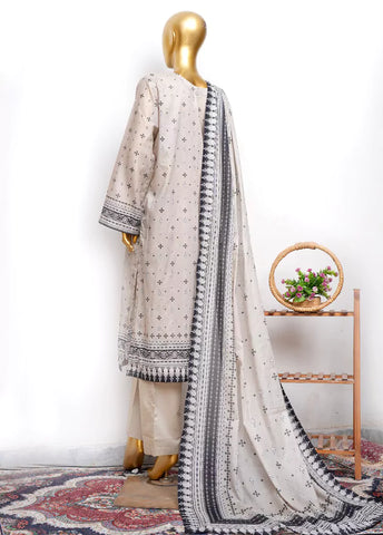 3 Piece Printed Stitched Ivory Color Lawn Shirt with Trouser & Dupatta