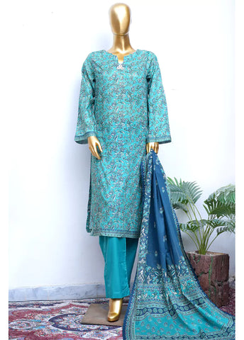 3 Piece Printed Stitched Blue Color Cotton Shirt with Trouser & Dupatta