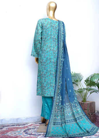 3 Piece Printed Stitched Blue Color Cotton Shirt with Trouser & Dupatta