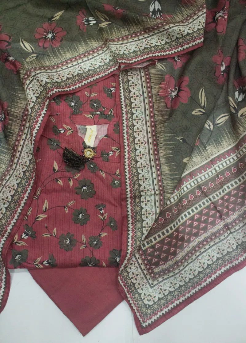3 Piece Printed Stitched Punch Pink Color Cotton Shirt with Trouser & Dupatta
