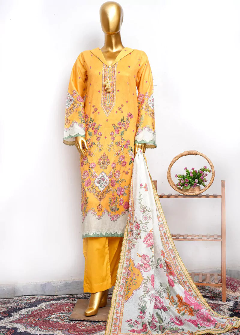 3 Piece Printed Stitched Yellow Color Lawn Shirt with Trouser & Dupatta