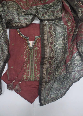 3 Piece Printed Stitched Color Maroon Cotton Shirt with Trouser & Dupatta
