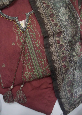 3 Piece Printed Stitched Color Maroon Cotton Shirt with Trouser & Dupatta
