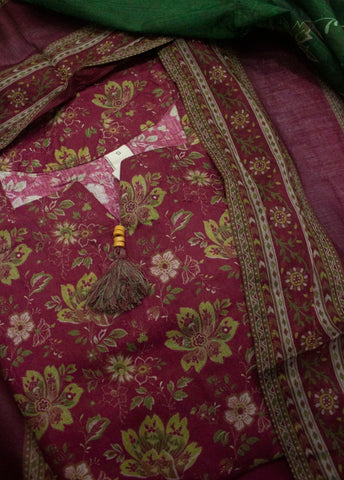 3 Piece Printed Stitched Maroon Color Lawn Shirt with Trouser & Dupatta