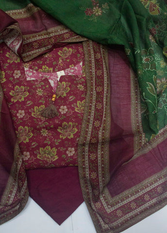 3 Piece Printed Stitched Maroon Color Lawn Shirt with Trouser & Dupatta
