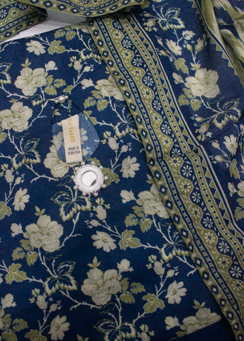 3 Piece Printed Stitched Color Royal Blue Cotton Shirt with Trouser & Dupatta