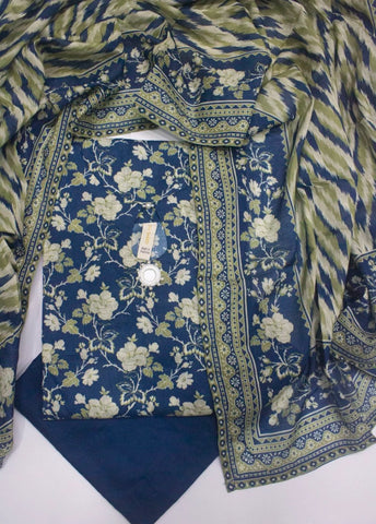 3 Piece Printed Stitched Color Royal Blue Cotton Shirt with Trouser & Dupatta