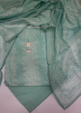 3 Piece Printed Stitched Mint Green Color Cotton Shirt with Trouser & Dupatta