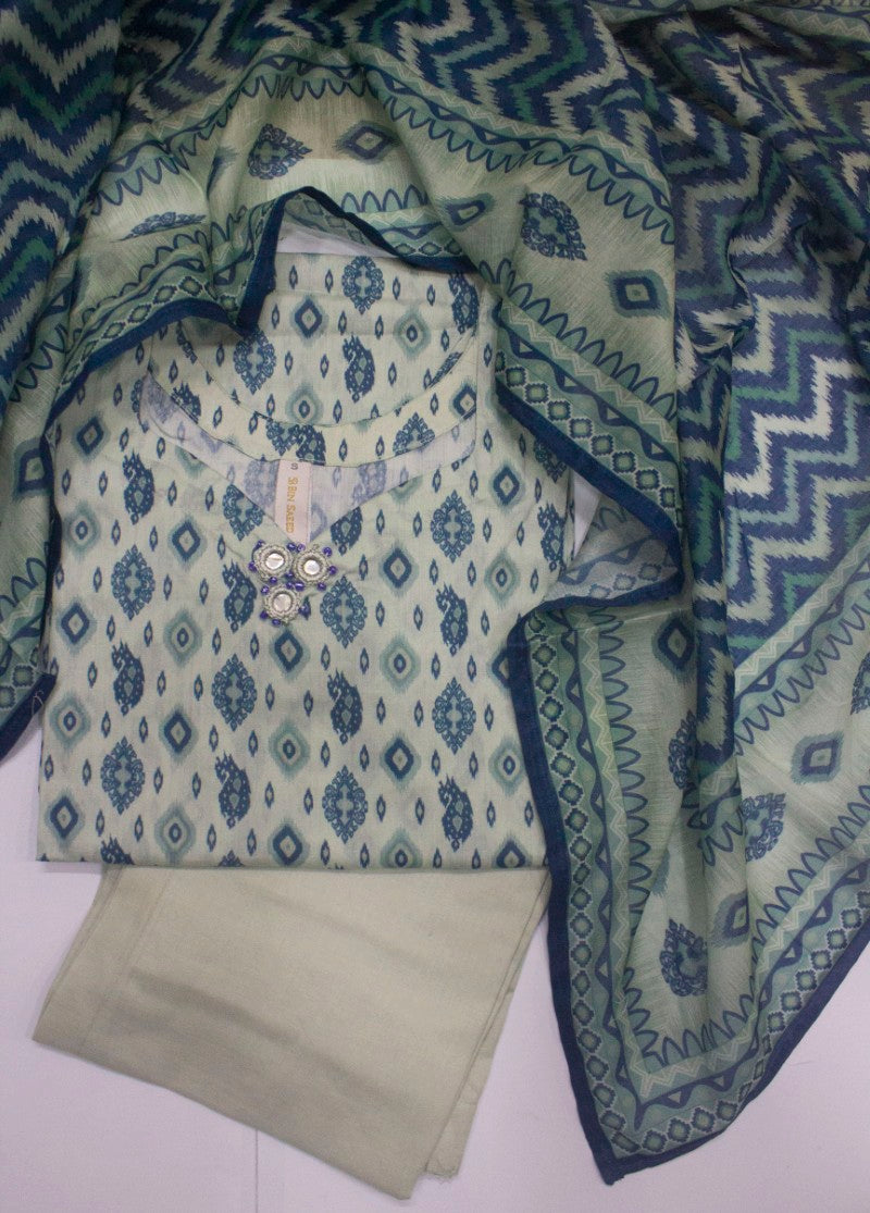 3 Piece Printed Stitched Off White Color Lawn Shirt with Trouser & Dupatta