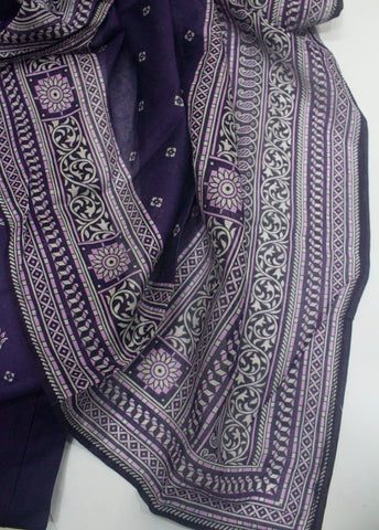 3 Piece Printed Stitched Purple Color Cotton Shirt with Trouser & Dupatta