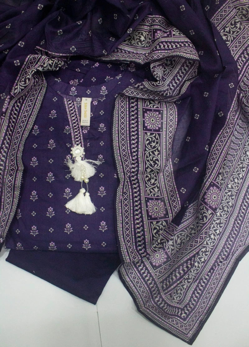 3 Piece Printed Stitched Purple Color Cotton Shirt with Trouser & Dupatta