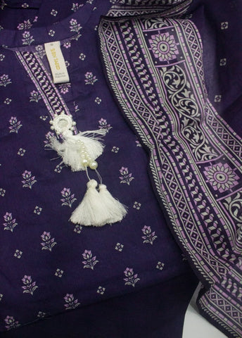 3 Piece Printed Stitched Purple Color Cotton Shirt with Trouser & Dupatta